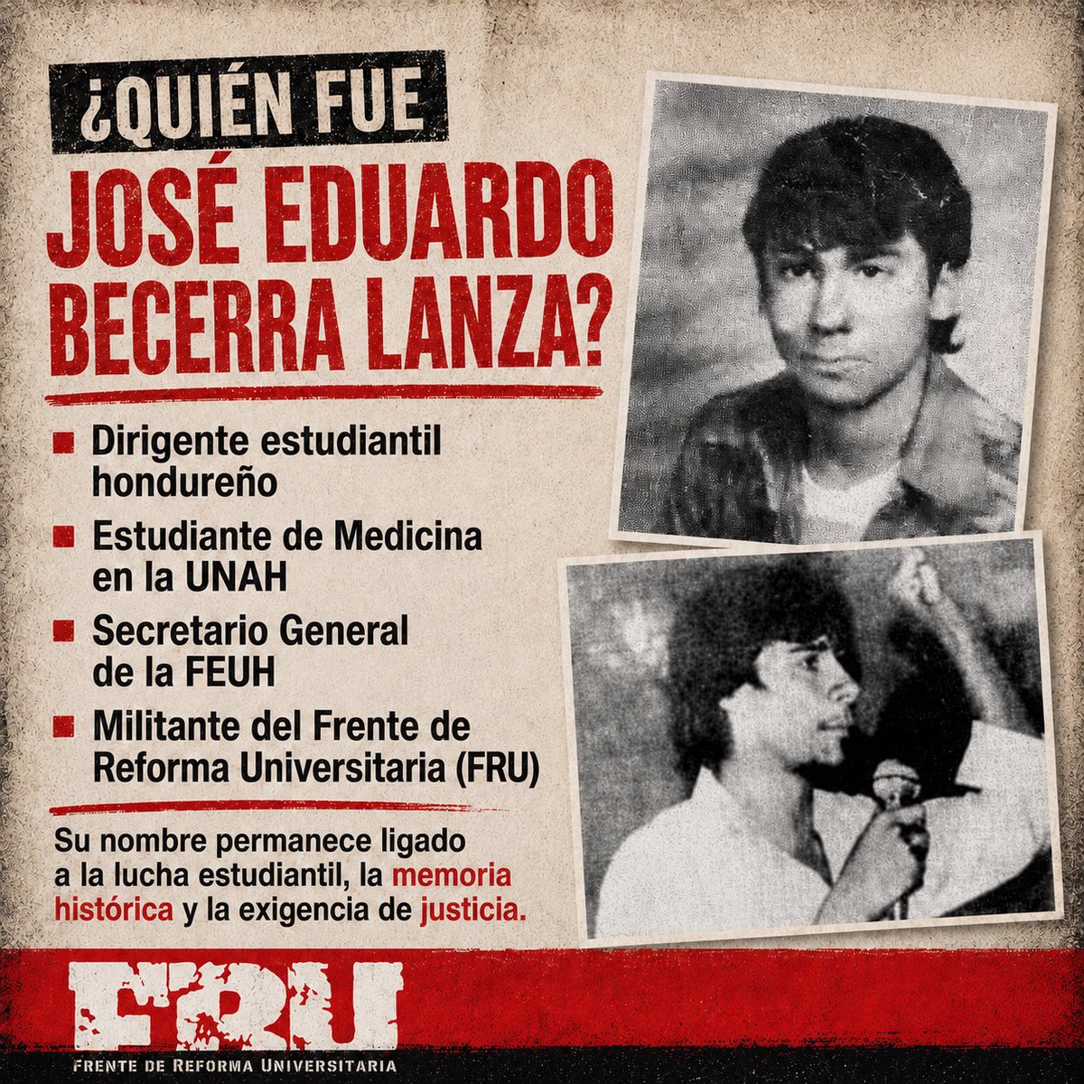 FRU_CU's tweet photo. A 44 años de su desaparición, recordar a José Eduardo Becerra Lanza no es solo mirar al pasado, es preguntarnos qué tanto hemos olvidado y qué tanto seguimos permitiendo. Honor y memoria para quien sigue presente en la lucha estudiantil.
#JoséEduardoBecerraLanza #FRU https://t.co/xajBD82JOh