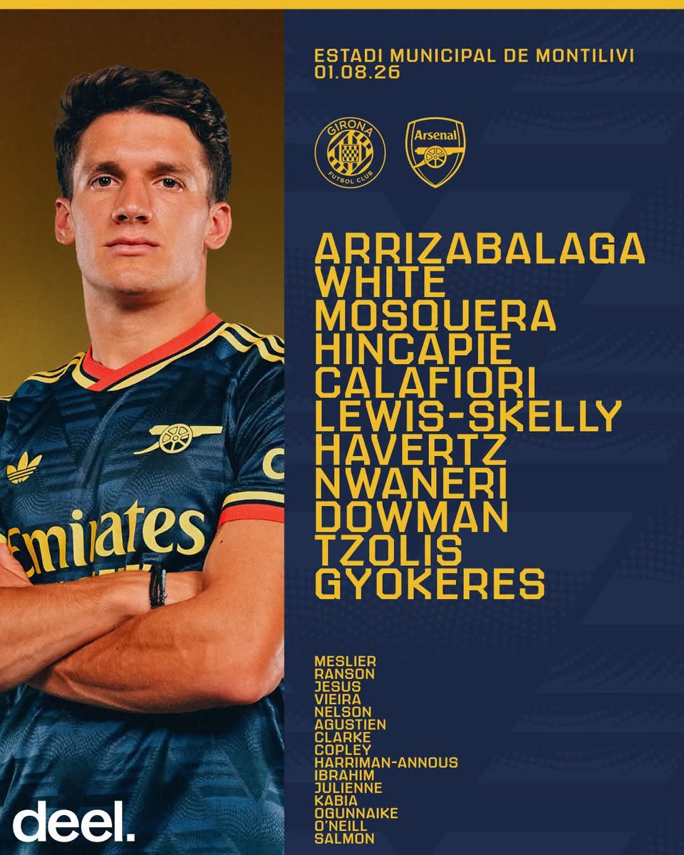 YPFootballTalk's tweet photo. 🔵 𝗧𝗘𝗔𝗠𝙉𝙀𝙒𝙎 🟡
©️ White with the armband
✨ Nwaneri floating in the middle
🆕 Tzolis from the start
Another pre-season test awaits, LIVE on The Arsenal 📺
#arsenal #COYG #Gunners #fyp #footballmatch https://t.co/AvNZSS1OCD