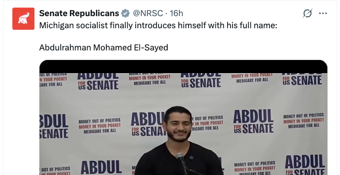 QasimRashid's tweet photo. I'm reminded that Nimarata Nikki Randhawa ran as Nikki Haley, Piyush Amrit Jindal ran as Bobby Jindal, Raphael Edward Cruz ran as Ted Cruz, and we still dont' know what JD Vance's actual name is because it changes every few years.

But yes the real issue is Dr. Abdulrahman Mohamed El-Sayed is running as Dr. Abdul El-Sayed.

Every MAGA accusation is a confession.