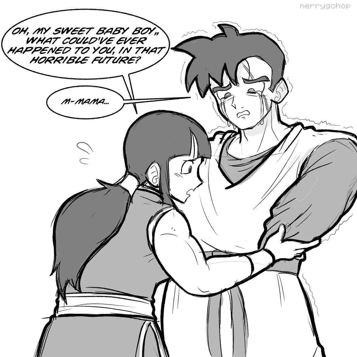 merrygohop's tweet photo. i like to think that in SZ, everyones kinda aware of their situations in random battles. so heres gohan and chichi being sad cus wehh wehh im a sucker for family comfort

#SparkingZero #DBSZ #DragonBall #ドラゴンボール https://t.co/kuriqoJEXw
