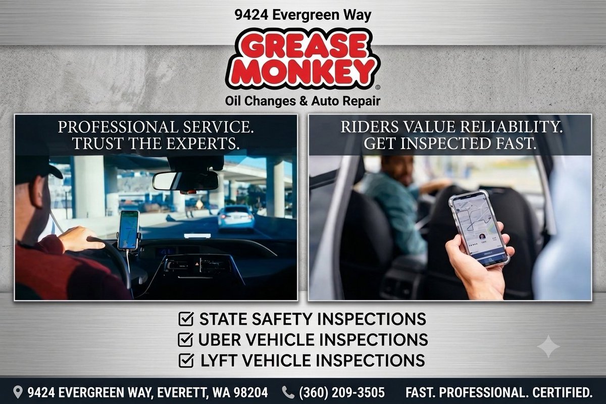 GreaseMonkey942's tweet photo. Keep Driving. Stay Compliant. ๐ ๏ธ Don't let an expired inspection hold you up. We offer fast, certified vehicle inspections for local drivers and rideshare pros. #GreaseMonkey #EverettWA #Everett #Uber #Lyft #StateInspection #Rideshare #SnohomishCounty https://t.co/ppal3enObt