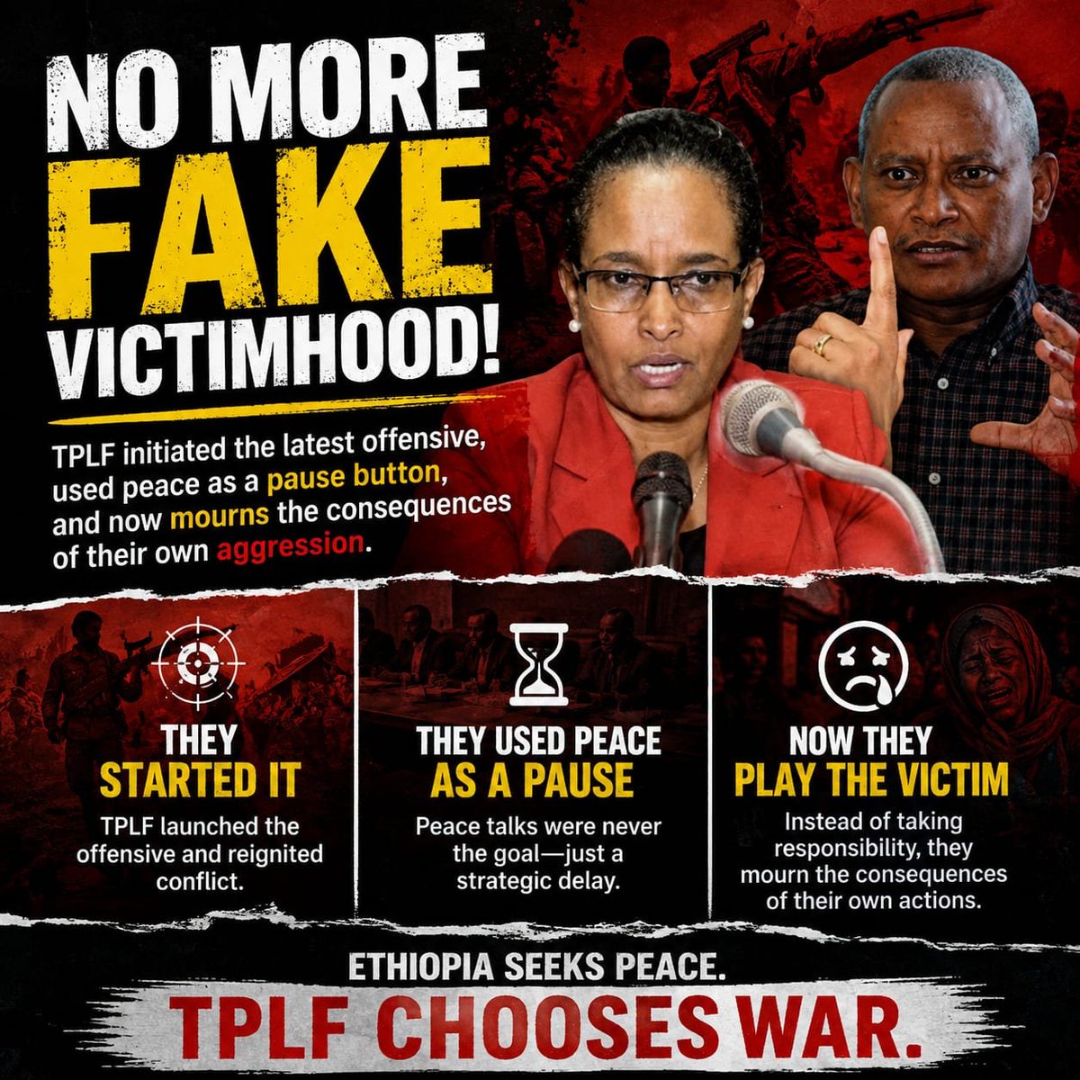 Suziadisu's tweet photo. No more fake victimhood! TPLF initiated the latest offensive, used peace as a pause button, and now mourns the consequences of their own aggression. #TPLFIsTheAggressor #TPLFIsTheThreat #StopTPLF #PretoriaAgreement #Ethiopia https://t.co/xP3NedO7W8