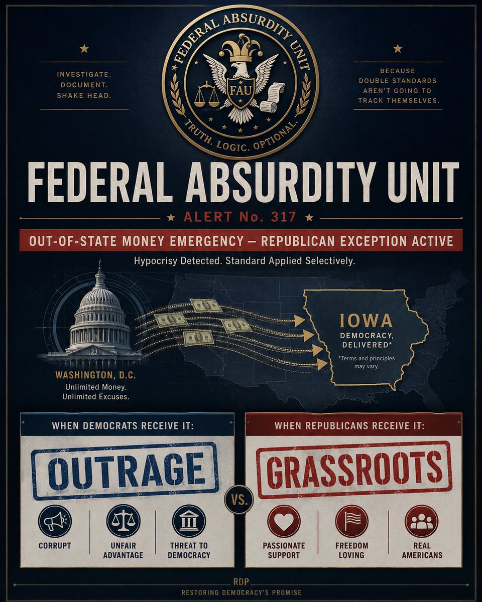FedAbsurdity's tweet photo. 🚨 FEDERAL ABSURDITY UNIT BULLETIN 345

The Iowa GOP has discovered a dangerous outbreak of “out-of-state money”—but apparently only when Democrats receive it.

Rob Sand: $2.5 million from the Democratic Governors Association = “fraud.”

Zach Lahn: $5 million from the Republican Governors Association = “Iowa values.”

Brenna Bird: $2.425 million from the Washington-based RAGA Action Fund = “grassroots support.”

Zach Nunn: 83.4% of his latest receipts came from PACs and committee transfers, while more than 91% of his itemized individual money came from outside Iowa = also “grassroots.”

Conclusion: Political money apparently becomes local the moment it enters a Republican bank account.
