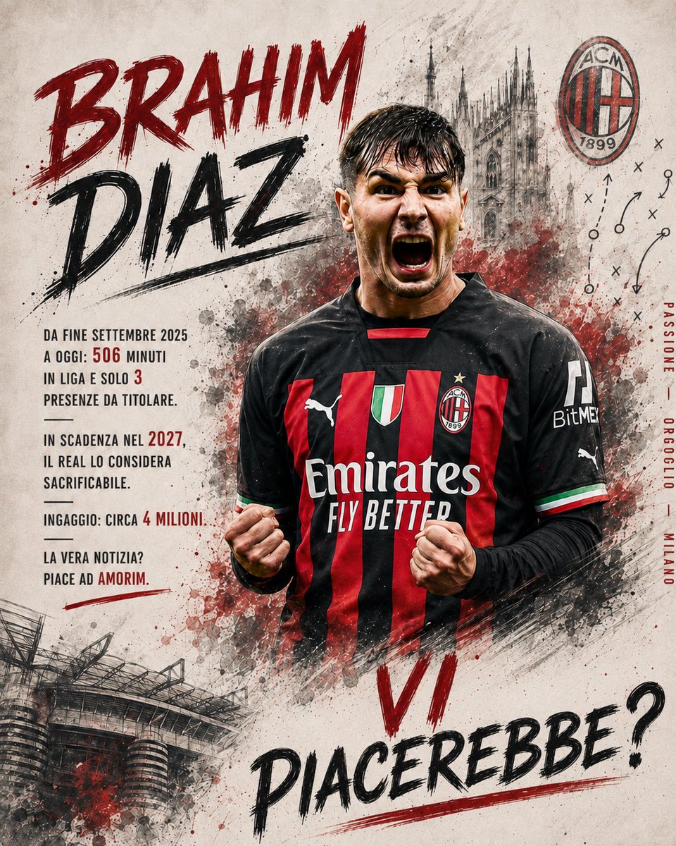 NonEvoluto's tweet photo. Da fine settembre 2025 a oggi, Brahim #Diaz ha giocato appena 506 minuti in Liga, con sole 3 presenze da titolare.

Con l'arrivo di #Mourinho in panchina e il possibile acquisto del giovane ivoriano #Diomande dal Lipsia, il suo spazio potrebbe ridursi ulteriormente.

Ambidestro, tecnico e capace di agire alle spalle della punta, Brahim è in scadenza nel 2027 e il Real Madrid lo considera sacrificabile, questa volta anche a titolo definitivo.

Per il #Milan potrebbe rappresentare un’opportunità a costi sostenibili: l’ingaggio, circa 4 milioni, rientrerebbe nei parametri rossoneri e, tra i club ai quali è stato proposto, il giocatore non avrebbe dubbi nel preferire un ritorno a Milano.

Ma la vera notizia è un’altra: Brahim piace a mister #Amorim.  

Vedremo se questa sarà condizione sufficiente per favorire il suo ritorno in rossonero.