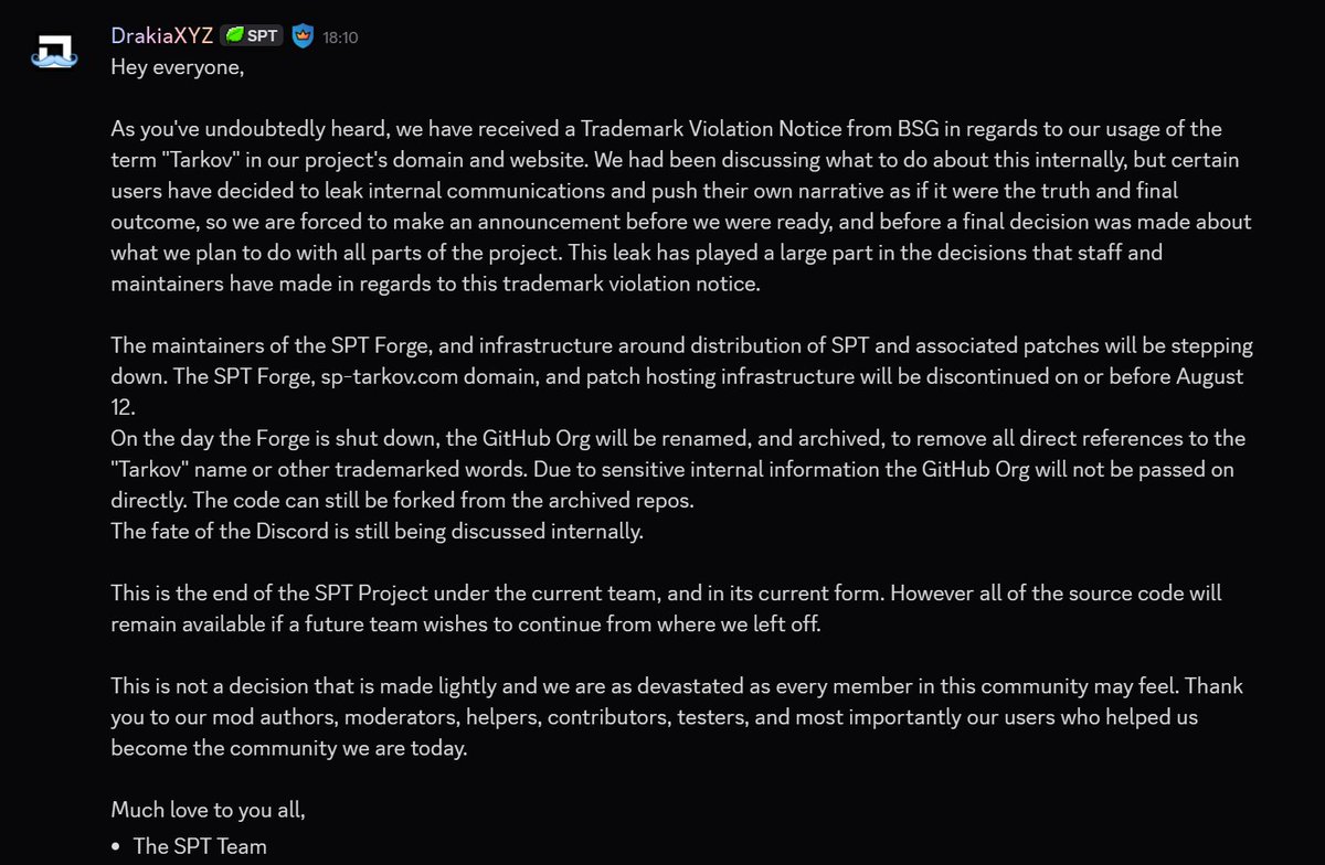 TheIshikawaRin's tweet photo. Battlestate Games have effectively just killed the Single Player Tarkov, an offline version of the game which allowed you to play Tarkov entirely offline with mods support, due to a trademark dispute

The developers are hanging up their hats completely, this fucking sucks. https://t.co/slSsqkuDOg
