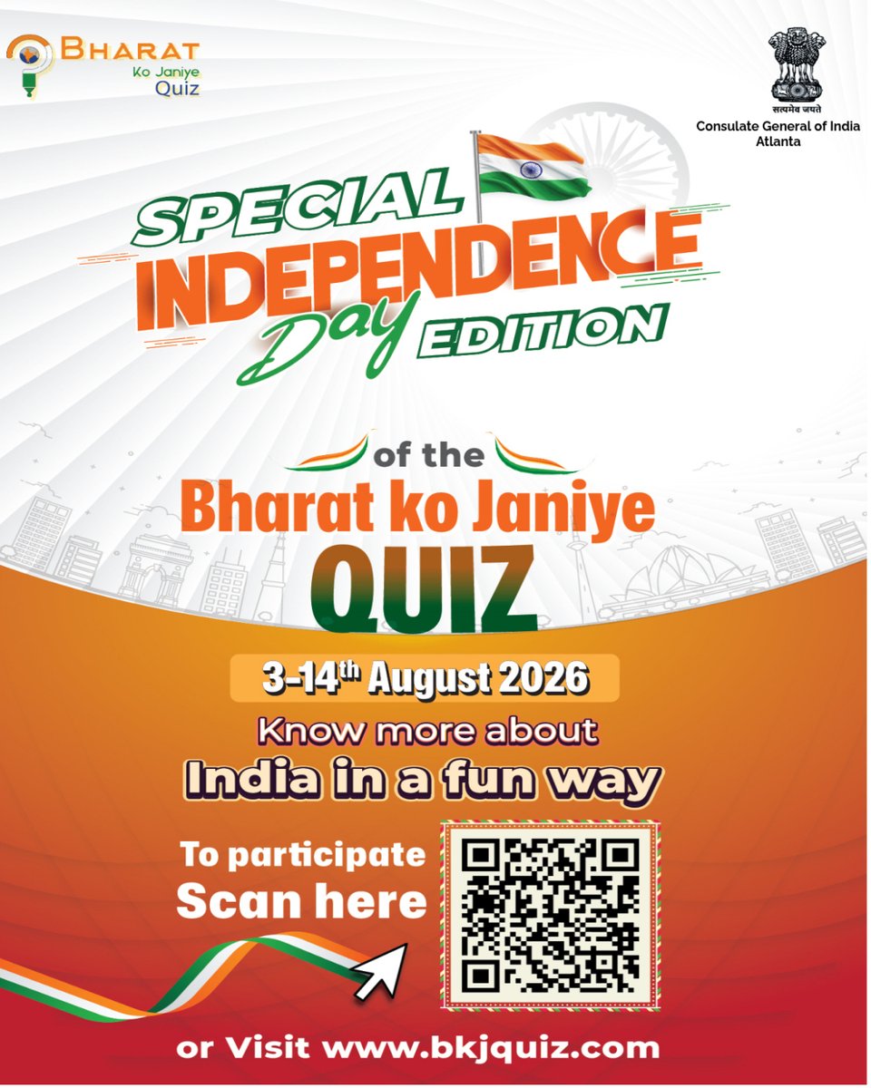 CGI_Atlanta's tweet photo. Celebrate India’s Independence Day by testing your knowledge of India’s rich heritage, culture, achievements, and global journey! 🇮🇳

Participate in the Special Independence Day Edition of the Bharat Ko Janiye Quiz from 3–14 August 2026.

Scan the QR code or register at BKJ Quiz.

#BKJQuiz2026