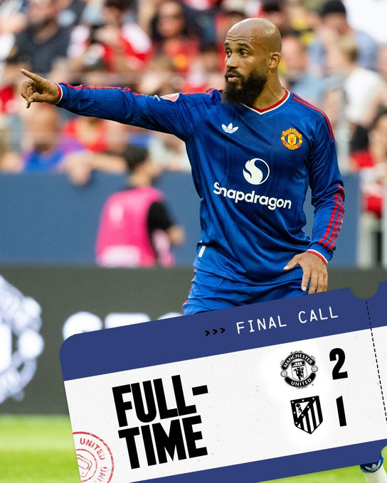 DandyFutbolari's tweet photo. FINAL del amistoso!!!!

Manchester United 2-1 Atlético de Madrid. 

El ManU quiere dar pelea en su regreso a la UEFA Champions League.

Mbeumo x2, 1 penalti - Arnau Ortiz. 

Ya veremos que tal le va la temporada al United, pero parece que ha vuelto para dar guerra por fin. https://t.co/qIXkRx1KzA
