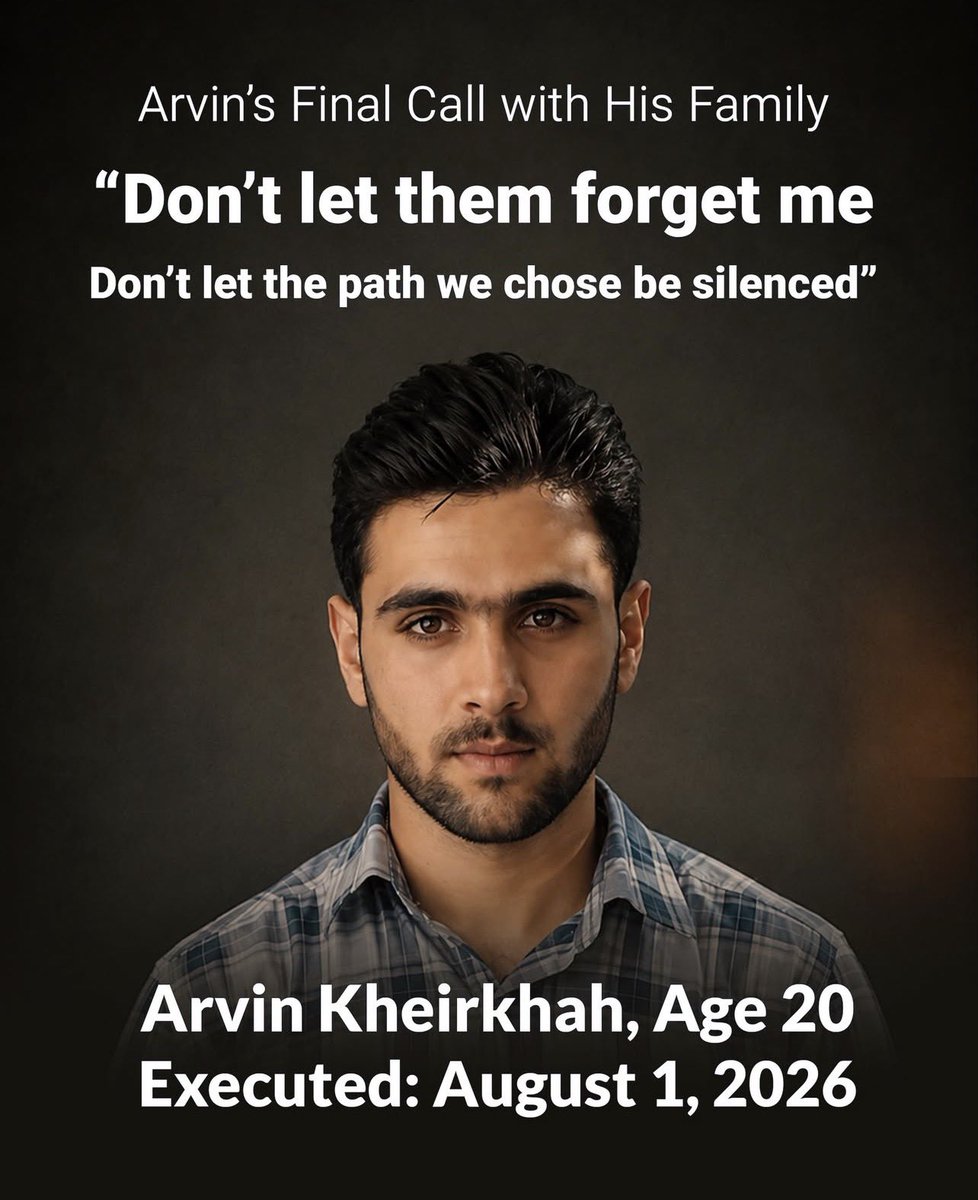 femmeazadi's tweet photo. SORTEZ DE VOTRE SILENCE BORDEL !! Assez de cette compromission avec ce régime barbare !! Ils sont en train de massacrer la jeunesse Iranienne !! 

Aujourd’hui, le régime islamique a exécuté Arvin Kheirkhah, un jeune manifestant courageux arrêté lors du Soulèvement national du Lion et du Soleil en Iran.

Il n’avait que 20 ans.

Lors de sa dernière conversation avec sa famille, Arvin leur a dit :

« Ne les laissez pas m’oublier. Nous nous sommes levés pour la libération de notre patrie.
Ne laissez pas le chemin que nous avons choisi être réduit au silence. »

D’autres héros innocents, notamment Javad Ajam, Morteza Zamani, Mehdi Ranjar, Farshid Rahmani, Alireza Sagheri et Pouya Sagheri, risquent eux aussi d’être exécutés.