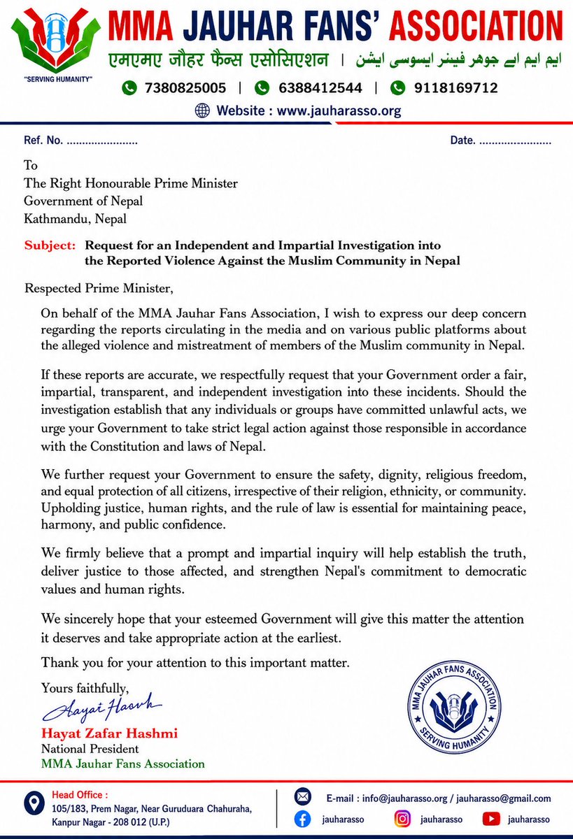 jauharasso's tweet photo. Please find attached a letter from the MMA Jauhar Fans Association expressing concern over the reported incidents of violence against the Muslim community in Nepal. @NepalPMO https://t.co/k55TLDOZIa