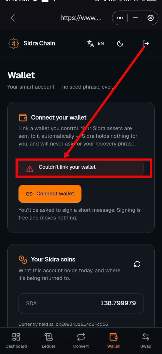 sidra_hub's tweet photo. SIDRA WALLET CONNECTION UPDATE

If you're trying to connect your Sidra account to SafePal or MetaMask and you see the message "Couldn't link your wallet," don't panic.

This is a temporary issue that some users are experiencing.

Try again later. https://t.co/3tWfdVq9TA