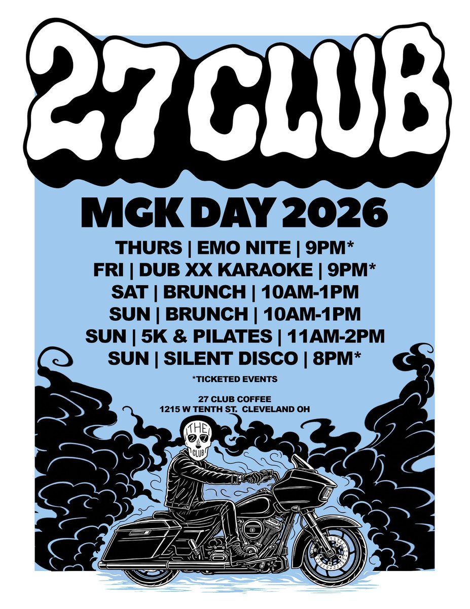 27clubcoffee's tweet photo. Here is our master schedule of events at 27 Club for MGK Day! https://t.co/XIO60f3BPj