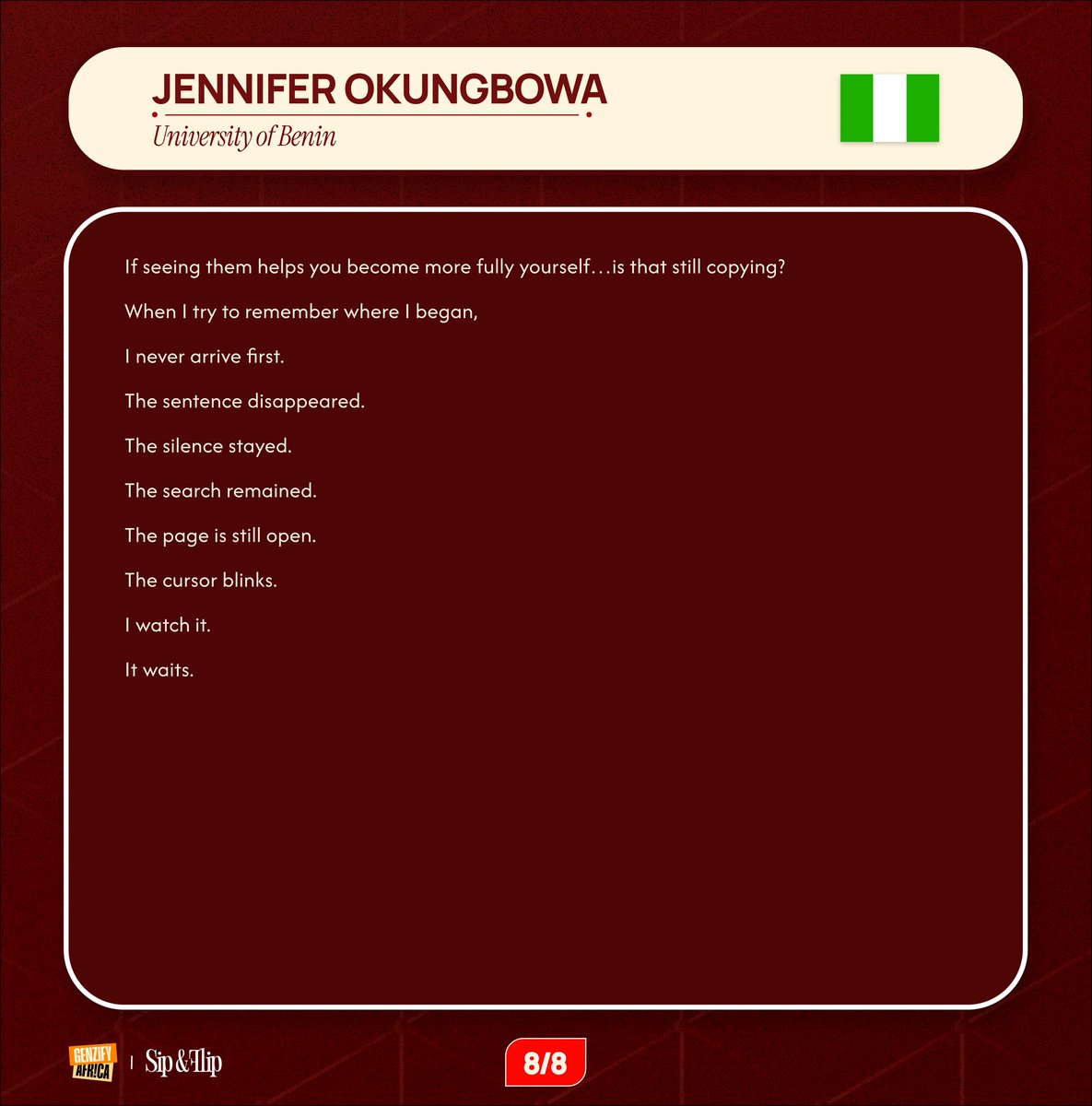 genzifyafrica's tweet photo. 9.1.  Jennifer Okungbowa — University of Benin 🇳🇬 https://t.co/z204LT47Ja