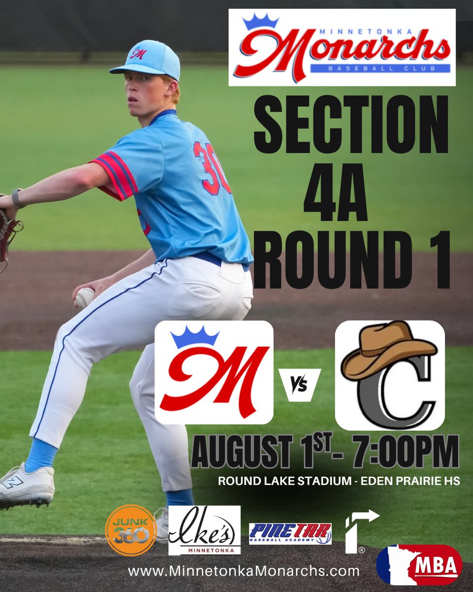 MtkaMonarchs's tweet photo. Opening Round of the Section 4A Playoffs! 🏆 

Monarchs take on the @MnCowboys of the Park National League. 

🏟️ - Round Lake Park - Eden Prairie HS
⏰ - 7pm
🎟️ - Free Admission - (optional donations)
☀️ - perfect weather

@MinnBaseball https://t.co/qBA2Z6CJXK