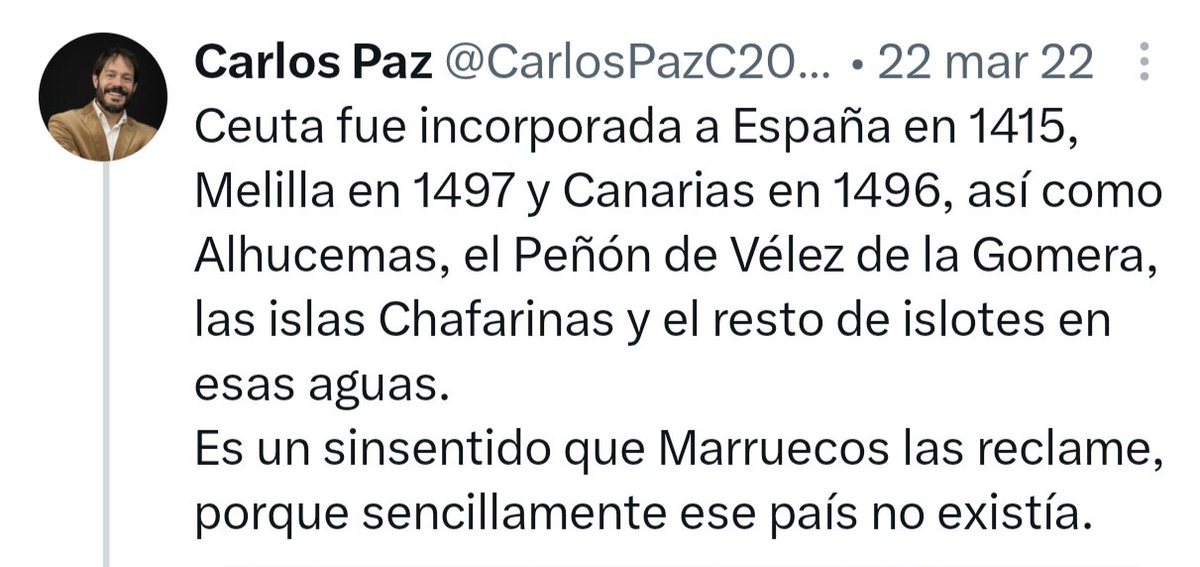 CarlosPazC2021's tweet photo. Desde los primeros días en que "entré en Twitter ", tuve muy claro el peligro que supone Marruecos y sus aliados, y cuáles son los intereses de España. Otros, que mañana harán una oda al mar y los peces, pedían "la descolonización" de territorios españoles. ¡Vaya cacao tienen! https://t.co/8Mdh8fn2sB