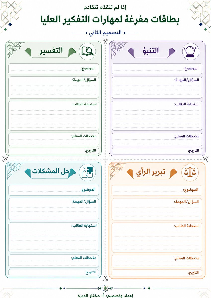 MukhtarDeira's tweet photo. بطاقات مفرغة لتنفيذ مهارات التفكير العليا
 #تثقيف_مهني_تعليمي https://t.co/J3vI39tNmy