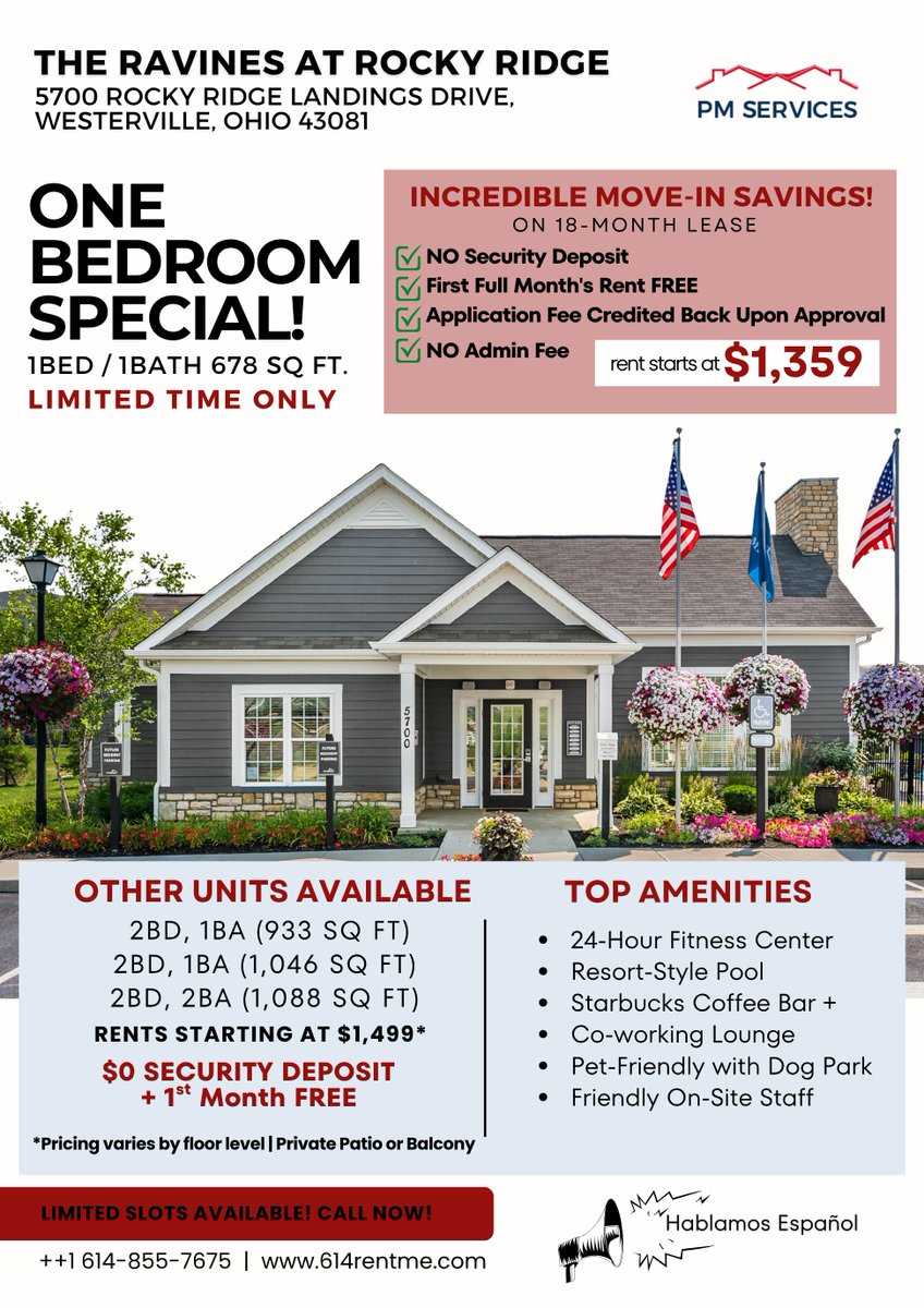 614rentme's tweet photo. Move In for Less. Live More at The Ravines at Rocky Ridge

One-Bedroom Apartments Starting at Just $1,359/Month!

Limited availability on select one-bedroom apartments.

Call 614-855-7675  for more info or visit our website at https://t.co/c07H2NhlAF.

Hurry! Limited slots left! https://t.co/fCvxCMPpas