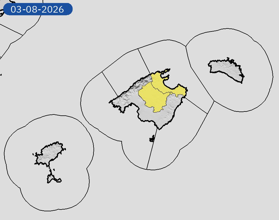 AEMET_Baleares's tweet photo. 02/08 00:06 AVISOS HOY Y MAÑANA | Illes Balears: temperaturas máximas. Nivel máximo de aviso: amarillo.
Actualizaciones en https://t.co/5xR91vsuMu https://t.co/yBZQxdIyX4