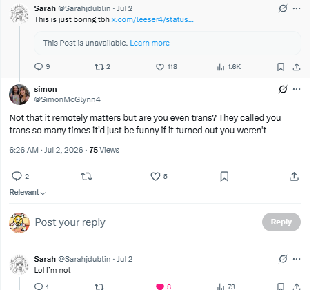 Cat2_Dota's tweet photo. @StephHardy10 @Sarahjdublin @Glinner She's not even trans. She just disagrees with Graham. https://t.co/vRSkzshsqq