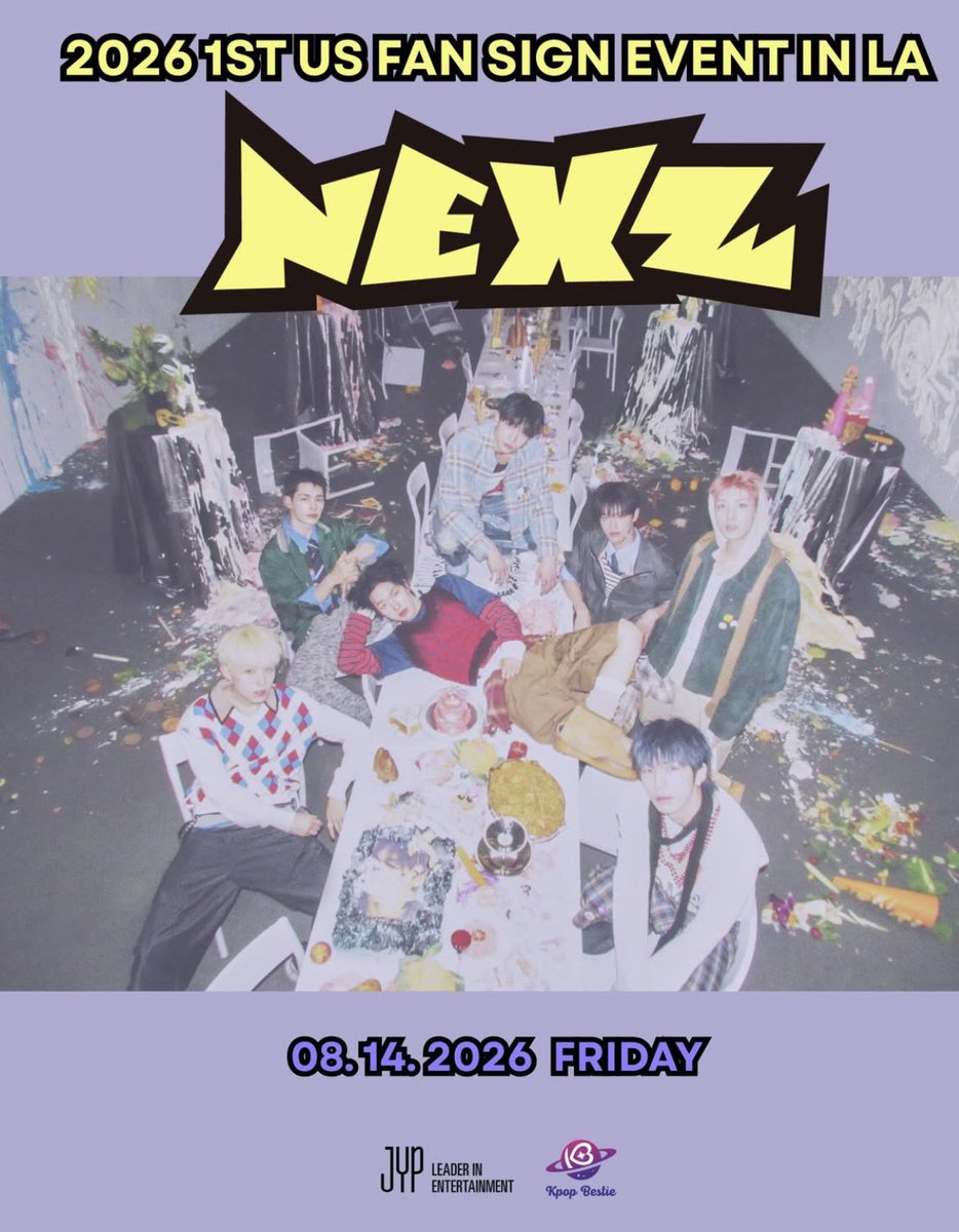nexzpopbase's tweet photo. NEXZ JYP’s boygroup will hold their very first fan sign event in LA on August 14th presented by Kpop Bestie. https://t.co/DSaYvh2H2z