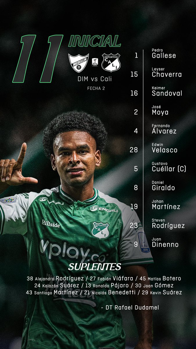 DeportivoCaliCP's tweet photo. Estos son los once titulares que saldrán a luchar con todo a la cancha por este escudo 🛡️💚 https://t.co/R02bDC1G76