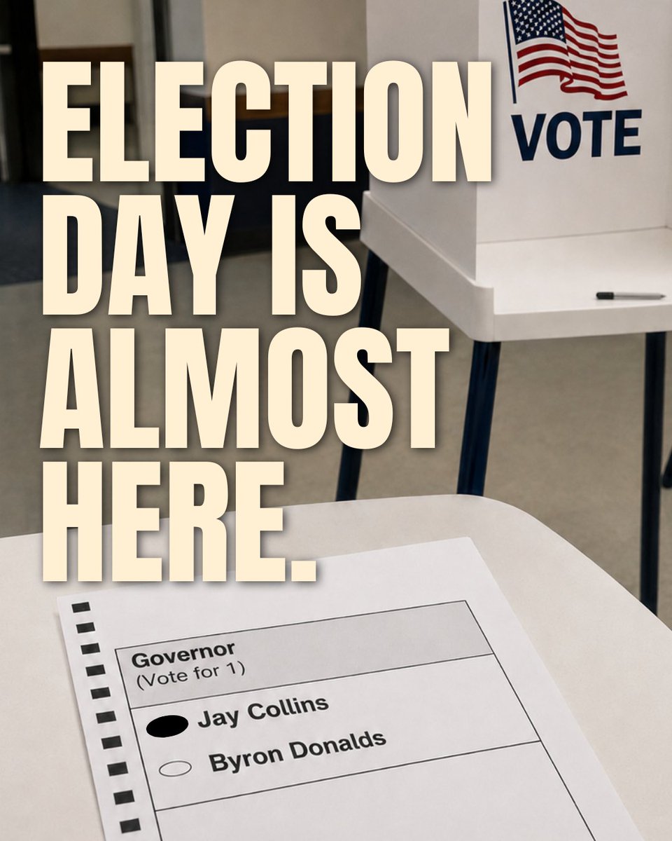JayCollinsFL's tweet photo. Ballots don't just elect governors.

They decide the direction of our state.

If you believe Florida's best days are still ahead, I'd be honored to have your vote. https://t.co/DRkPx36qhc
