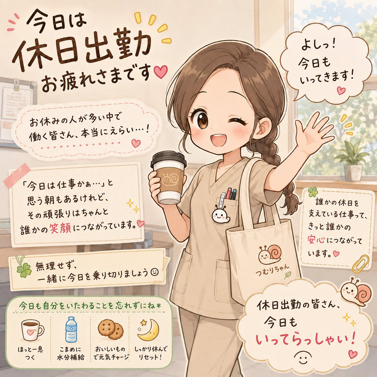 hello_tsumuri's tweet photo. おはようございます☀
今日は休日出勤🥹

お休みの人が多い中で働く皆さん
お疲れさまです☕️

無理せず、一緒に今日を乗り切りましょう🙌🏻 https://t.co/y6ZP68FbaA