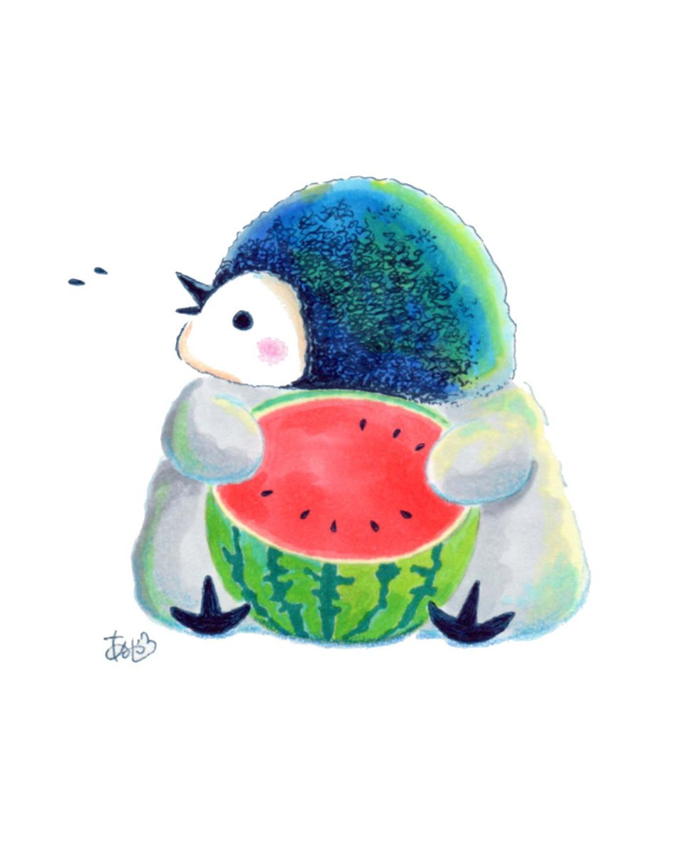aaa_ayasaa's tweet photo. 半分なんてヨユーで食べられ���よ!
#イラスト #イラストレーション #ペンギン #スイカ #アナログイラスト #illustration https://t.co/hpGDKELvo6