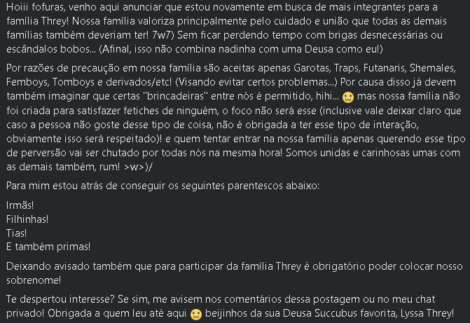 LyssaThrey's tweet photo. - Quem tiver interesse de vir fazer parte de nossa família me chame na DM, e se puder ajudar dando rt agradecerei demais!!! <3

(Lembrando, serão aceitos somente perfis focados em RP e que cumpram os pedidos mostrados na segunda imagem!) https://t.co/d6htFyt4Bq