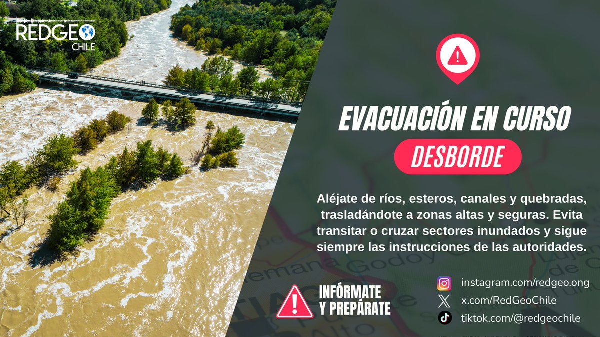 RedGeoChile's tweet photo. 📲 ALERTA SAE ⚠️ | Por desborde de los ríos Pichilo y Lía 💧, #SENAPRED refuerza el proceso de evacuación mediante mensajería instantánea SAE, solicitando evacuar los sectores de Pichilo, La Faja, El Yepo y Los Guzmanes, en la comuna de Arauco, región del Biobío.

👉🏼 Recuerda mantener la calma, evacuar hacia una zona segura y acatar las instrucciones del personal de emergencia y de la autoridad.