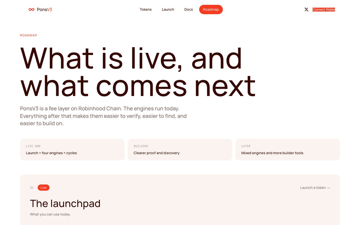 ponsv3dotfun's tweet photo. Our roadmap has a rule: if it says Live, you can use it today.

Live: launches, four fee engines, isolated vaults, five-minute cycles, public API. Building now: richer on-chain analytics and open tools to verify any cycle yourself. Later: mixed engines, more reward assets.

https://t.co/1Ct37UWbKL