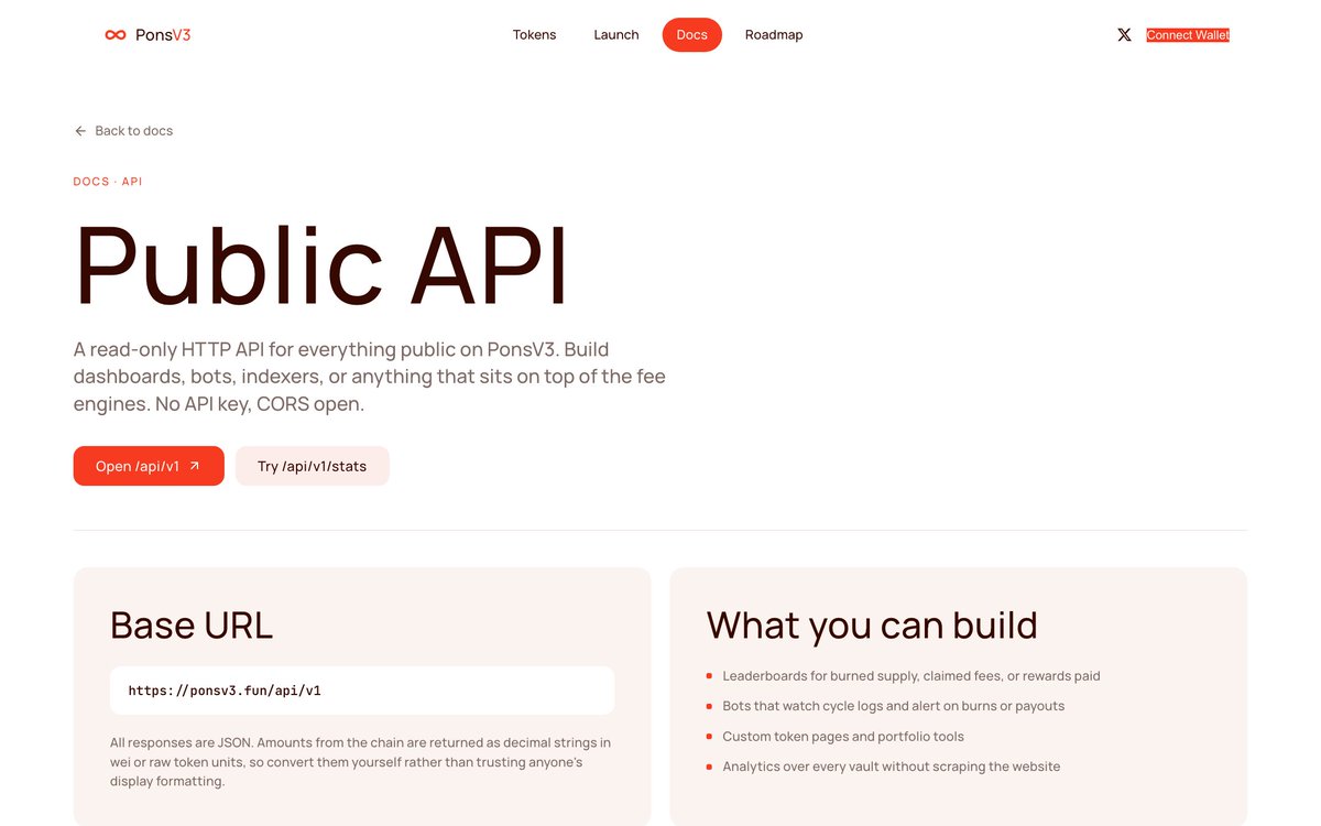 ponsv3dotfun's tweet photo. Everything public on PonsV3 is public for machines too.

Tokens, vaults, cycles, stats: one read-only HTTP API. No key, CORS open. Build leaderboards, burn trackers, alert bots, or your own token pages on top of it.

https://t.co/U6y7y1E6m2 https://t.co/Cu4HYnCXqW