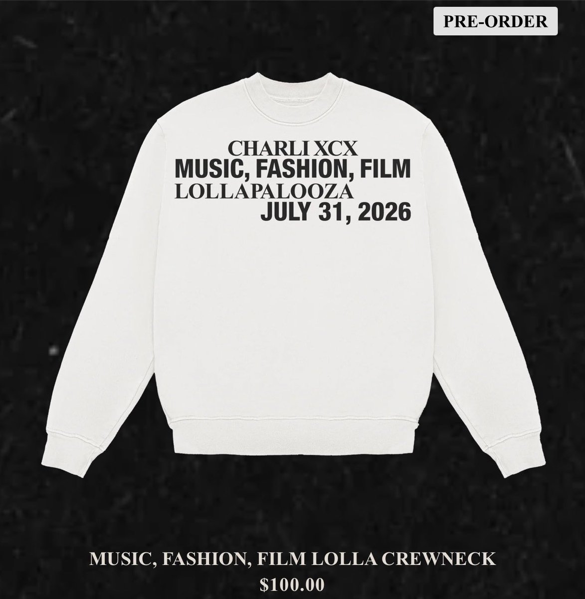 xcxsource's tweet photo. 🚨Two pieces of Charli xcx’s Lollapalooza merch have been posted for sale on her website!

The Oblivion is Freedom Lolla tee and the Music, Fashion, Film Lolla crewneck are available for pre-order now. https://t.co/Q2ET1k1mCK