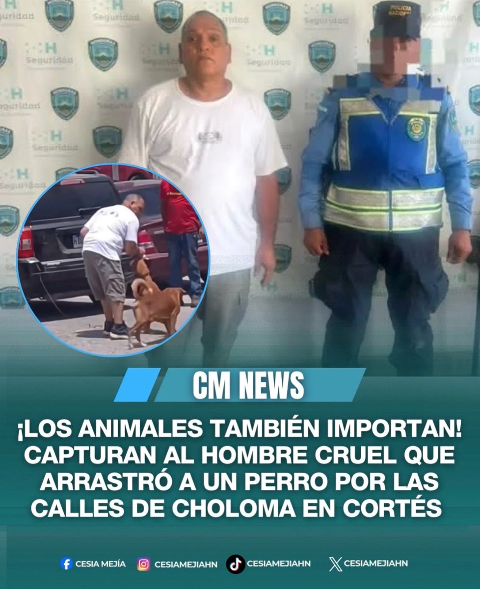 CesiaMejiaHN's tweet photo. ➪¡INHUMANO! En manos de la Policía Nacional está el hombre que fue captado arrastrando a un perro amarrado desde su vehículo por las calles de Choloma en Cortés. Su detención se dio luego que fue expuesto por hondureños indignados y organizaciones que se dedican a la protección de animales. ¡Los animales también son importantes! 

 #lifestyle #cmnews #noticias #honduras