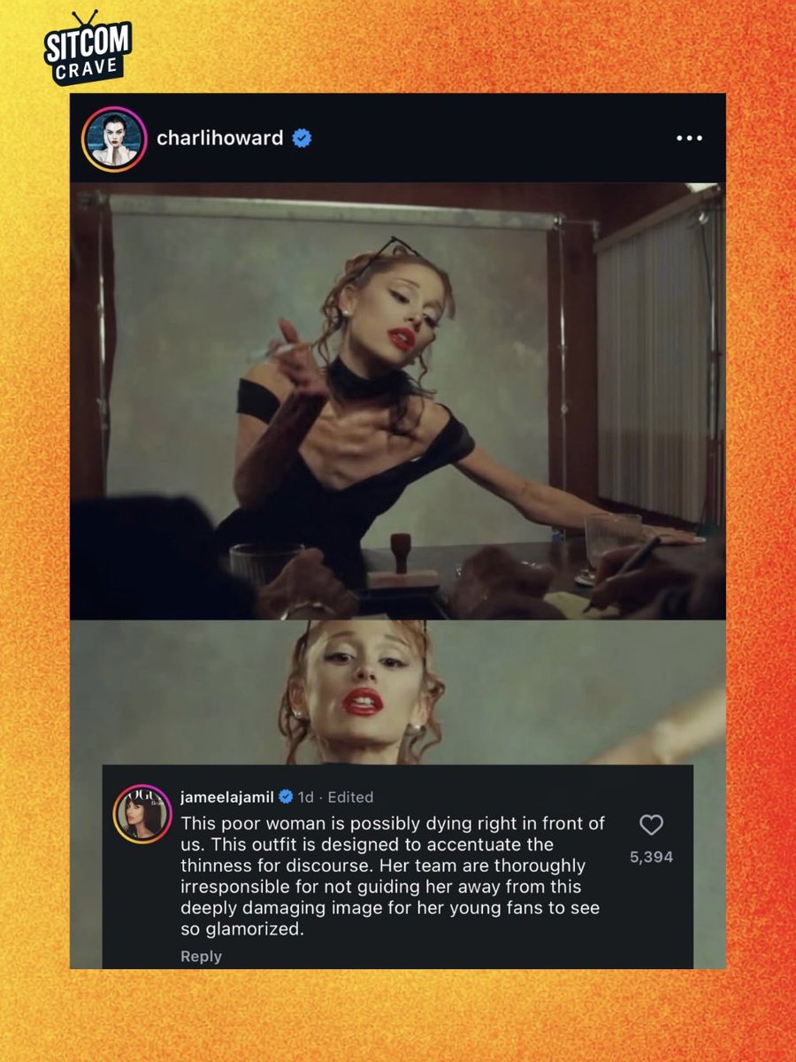 sitcomcrave's tweet photo. Jameela Jamil comments on Ariana Grande’s appearance in her recently released ‘Petal’ music video, stating that her outfit was designed to emphasize on Ariana’s weight for discourse.

“This poor woman is possibly dying right in front of us. This outfit is designed to accentuate the thinness for discourse. Her team are thoroughly irresponsible for not guiding her away from this deeply damaging image for her young fans to see so glamorized”