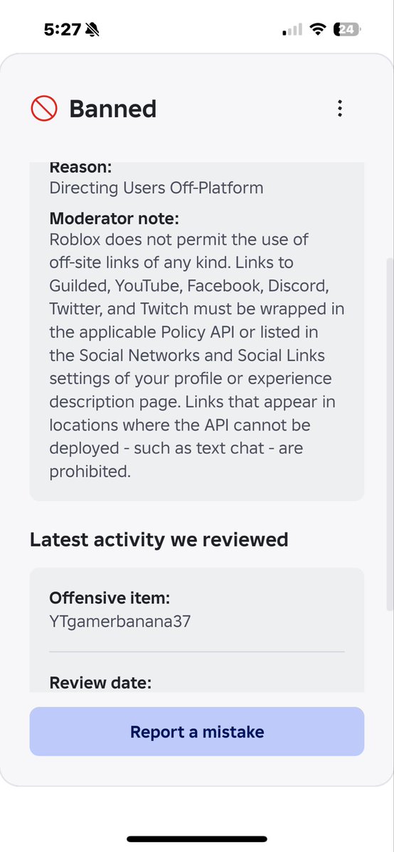 Sjheheue's tweet photo. Update. My ban was uplifted but it was replaced with this … any help?? Also username was reset. @Roblox @Roblox_RTC https://t.co/zJfdnmrdjI