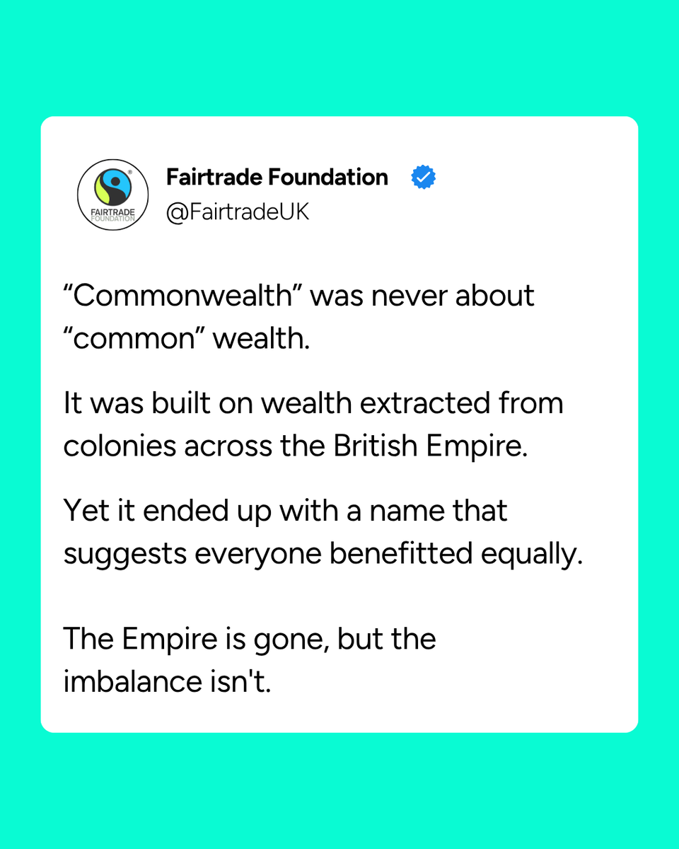 FairtradeUK's tweet photo. Today, many farmers in former Commonwealth countries still aren't paid fairly while global supply chains generate billions. 

The Empire is gone. The imbalance isn't.

#Commonwealth #decolonize #colonialism #DoItFair #Fairtrade https://t.co/4NeGX1dyzm