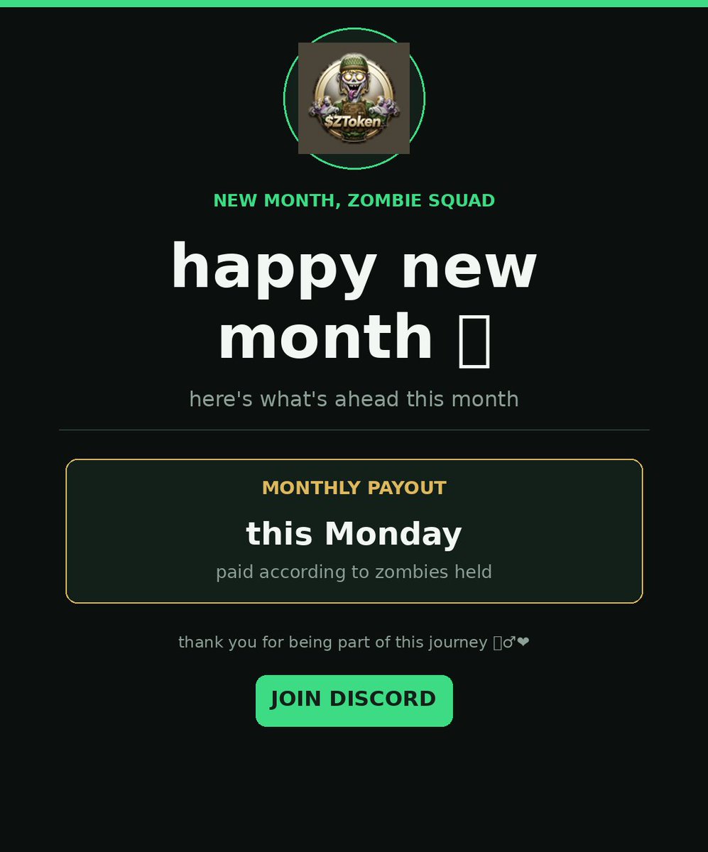 ZombiesQuadnFts's tweet photo. 🧟 Happy new month, Zombie Squad!

Excited for what's ahead this month — and as always, we're kicking it off right: monthly payout goes out this Monday, based on how many Zombies you're holding.

Thank you all for the support. More to come. 🧟‍♂️❤️ https://t.co/mVqdwSMYWd