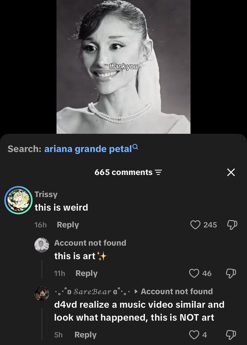 velvettelliott's tweet photo. people on tiktok are GENUINELY comparing ariana to d4vd ???? when petal is literally about dumbasses like y’all… https://t.co/A4JbEMCUOO