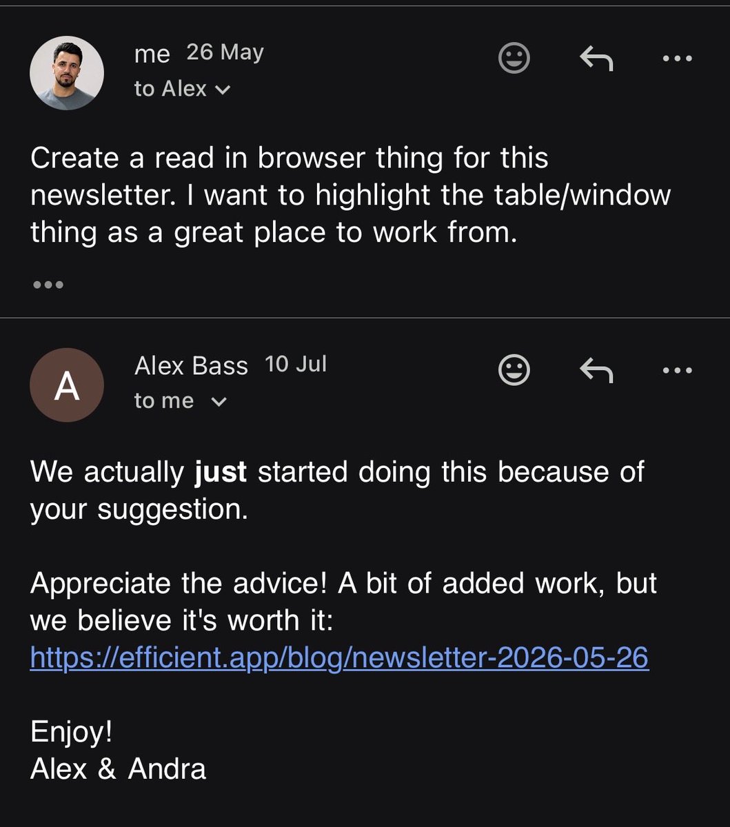 mig4ng's tweet photo. Love when people and companies implement the great features I suggest.

You should subscribe to the newsletter and follow @alexbass @efficientapp https://t.co/617ZMh5e1h