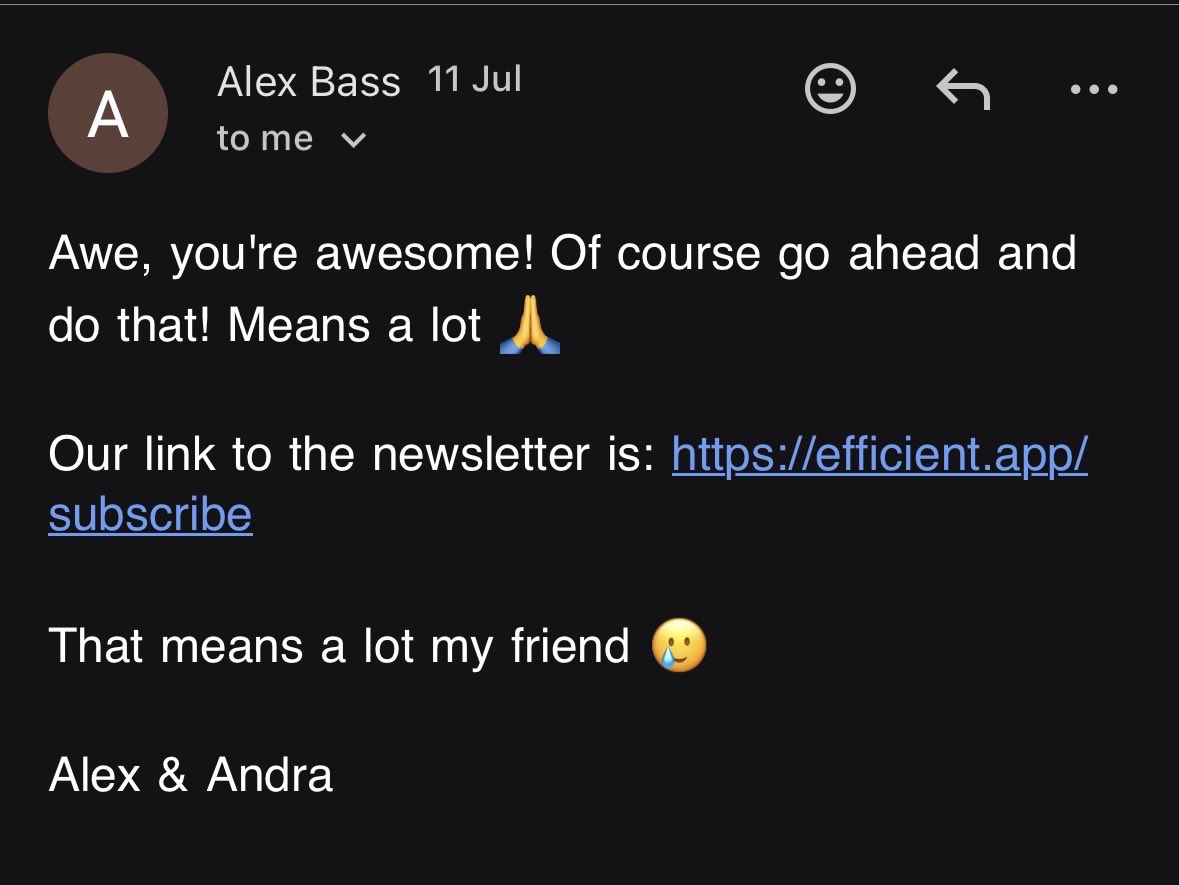 mig4ng's tweet photo. Love when people and companies implement the great features I suggest.

You should subscribe to the newsletter and follow @alexbass @efficientapp https://t.co/617ZMh5e1h
