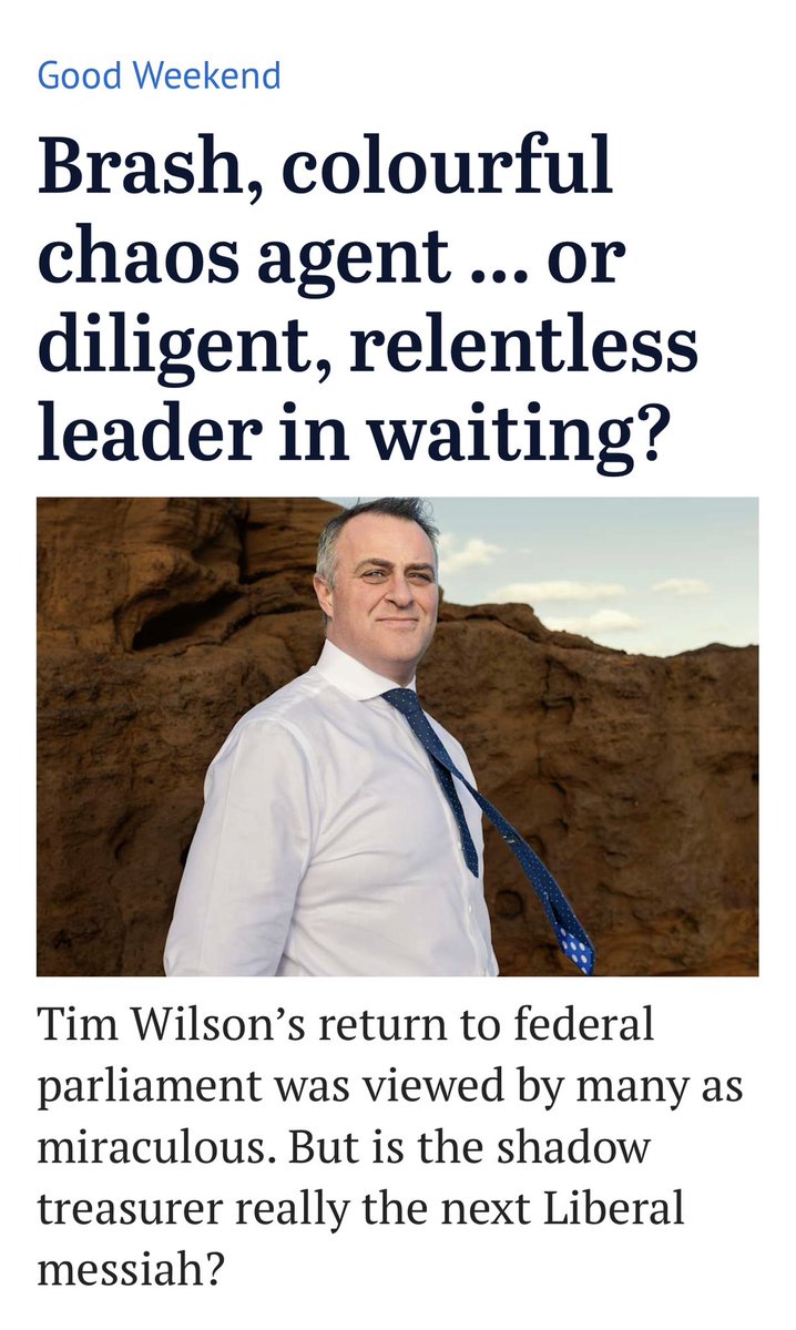 MargieJay50's tweet photo. Rehabilitating Tim Wilson:
1. Feature in Good Weekend✅
2. #KitchenCabinet
3. Long form story in the #FinReview by Phil Coorey highlighting his economic credentials as shadow treasurer (Refer to ‘The Woman who saved Australia’)
4. Interview on Karl Stefanovic Podcast https://t.co/ENu1eBgwn7