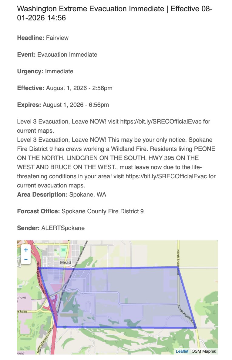 GovOneStop's tweet photo. 🚨SPOKANE COUNTY FIRE DISTRICT 9 - EVACUATION ORDER 🚨
🔥Fire near Spokane - FAIRVIEW - E Stoneman Rd area
⚠️ EVACUATION ORDER ISSUED
LEAVE NOW — Immediate threat to life and property.
DO NOT WAIT.
‼️Level 3 Evacuation, Leave NOW! This may be your only notice. Spokane Fire District 9 has crews working a Wildland Fire. Residents living PEONE ON THE NORTH. LINDGREN ON THE SOUTH. HWY 395 ON THE WEST AND BRUCE ON THE WEST., must leave now due to the life-threatening conditions in your area!
ℹ️Monitor phone and media for more info or visit Spokane911<dot>com for current evacuation maps.
ℹ️View other public safety alerts at: GovOneStop<dot>com/my/spokane-county-wa
✅Evacuation Order means there is immediate danger to life and property.
✅Leave now due to life-threatening conditions! Monitor phone and media for more information.
#EvacuationOrder #SpokaneCounty #Wildfire #LeaveNow #StaySafe