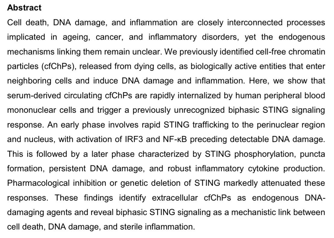 tautaton's tweet photo. Circulating Cell-Free Chromatin Particles Trigger a Unique Biphasic STING Signaling Program that Drives DNA Damage and Inflammation https://t.co/Cd7LhK0NYx https://t.co/PV9q9feM6T