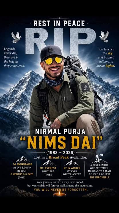 THOR_X_SHIVANS's tweet photo. "Giving Up Is Not In The Blood, Sir!"
Heartfelt tribute to the legend Nirmal Purja 'Nimsdai'. The tragic avalanche on Broad Peak has taken away a shining star of the mountaineering world. 
Rest in peace, Legend. 🙏🏔️
#Nimsdai #NirmalPurja #RIP #Legend https://t.co/vz71l4G9Lq
