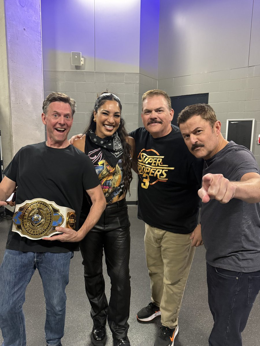 brokenlizard's tweet photo. Pre-event Shenanigans with @RaquelWWE at @wwe Summer Slam! We’ll be in the stands tonight, who can spot us?!

#supertrooper #supertroopers3 #wwe https://t.co/YjHpt5LAdn