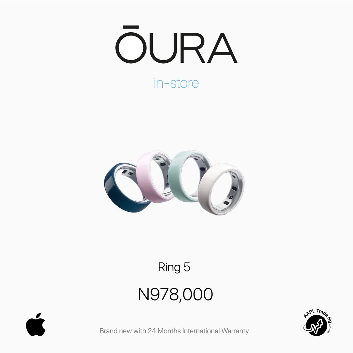 aapltrdng's tweet photo. Oura Ring 5 CERAMIC** World’s Smallest Smart Ring - Sleep, Activity, Women’s Health, AI Advisor, 1 Week of Battery Life, Size Before You Buy, Android & iOS N978,000 @aapltrdng @lyeacollections 

AVAILABLE IN SIZES; 4mm - 15mm

AB0UT

THE WORLD’S SMALLEST SMART RING - 40% smaller than the previous generation, Oura Ring 5 is thinner, lighter and smaller than ever. The updated all-titanium design is more scratch-resistant and comfortable than ever

SIZING IS ESSENTIAL - Oura Ring 5 uses unique sizing different from standard jewelry rings and other Oura Ring generations; use the Oura Ring 5 Sizing Kit to find your perfect fit before purchasing

EVERYDAY HEALTH SENSING - Oura tracks over 50 health metrics, including sleep, activity, stress, heart health, metabolic health and women’s health metrics. Oura seamlessly integrates with over 40 apps including Natural Cycles, Strava, & more

OURA MEMBERSHIP - First month of membership is included with purchase, for new members only. Subscription is 5.99/mo afterwards. Membership is tied to your account via the Oura App, not your physical ring

REBUILT FOR GREATER ACCURACY - Oura Ring 5 has been re-engineered and reconfigured, providing more precise personal health data. Larger, smarter sensors bring research-grade accuracy—all in Oura’s smallest form factor yet

6-9 DAYS OF BATTERY LIFE - With 6-9 days of battery life, you’ll never miss a night of data

DIVE DEEPER WITH AI - Oura Advisor provides sound guidance as you make moves toward more sustained energy levels, better sleep, a healthy weight, and so many other health benefits

HSA/FSA ELIGIBLE - We can accept HSA or FSA funds for the following: Oura Ring, additional chargers, and shipping

What’s in the box

Oura Ring 5
Oura Ring 5 Charger
Charging Cable
Information Booklet
Quick Start Guide