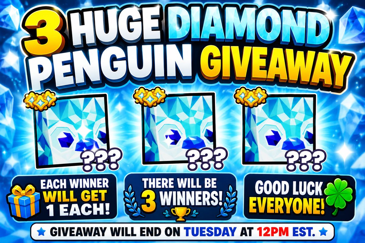 HPGamerPlays1's tweet photo. 3 Huge Diamond Penguin Giveaway 

How to Enter!

1. Must Follow Me on Here
2. Comment Your Roblox Username
3. Retweet This Post 
4. Good Luck Everyone 👍!

Giveaway Will End On Tuesday At 12pm EST https://t.co/Xctx9H0pE0