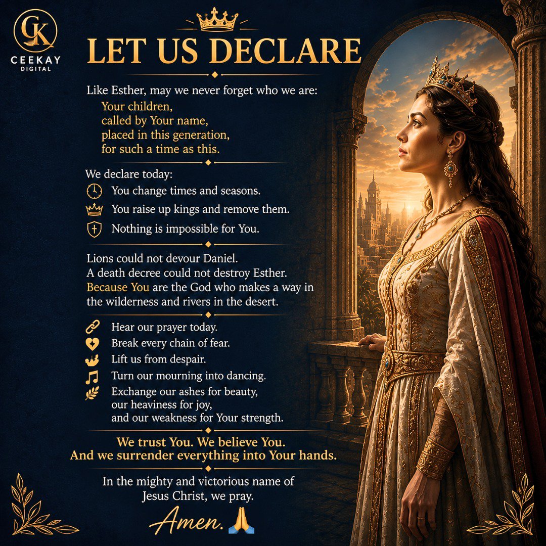 ceekaydigital's tweet photo. We have forgiven. We have been forgiven. Now let us declare. 🙏

The God who delivered Daniel and positioned Esther is still changing times, opening doors, and making a way for His people.

#LetUsDeclare #Faith #Daniel #Esther #CeekayDigital https://t.co/6U6cL5Eazh