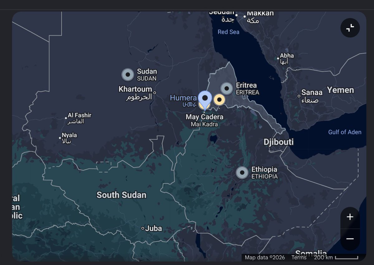 RAbdiAnalyst's tweet photo. Ethiopian federal troops and Tigrayan forces still engaged in active hostilities across multiple localities in the Humera Triangle - a strategic tri-border enclave close to River Tekeze.

Heaviest fighting reported in Shererina, Western Tigray, close to the border with Sudan.

Clashes also reported in Baeker and Mai Kadra, two nearby agricultural districts straddling a trade corridor linking Ethiopia to both Sudan and Eritrea.

The scale of the fighting is hard to independently verify but likely serious.

Tigrayan media reporting mechanised Ethiopian ground troops supported by air assets, including drones, involved in the fighting.