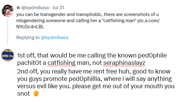 alyjetpack's tweet photo. `@bpdmikasa drama regarding pachihatecult still continues, this time they are attacking someone else completely thinking its me to continue to defend ped0philes (@PachiT0t ) in the pachi gaming server group <3 https://t.co/DWPAHNAyYF